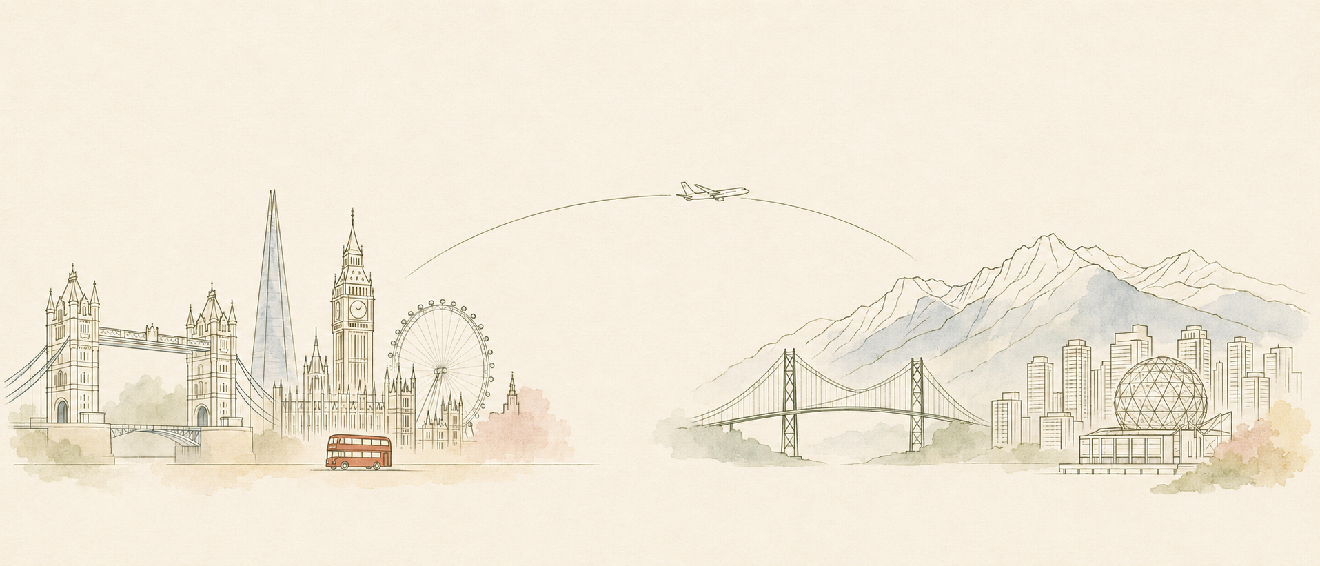Line illustration connecting the landmarks of London and Vancouver by plane